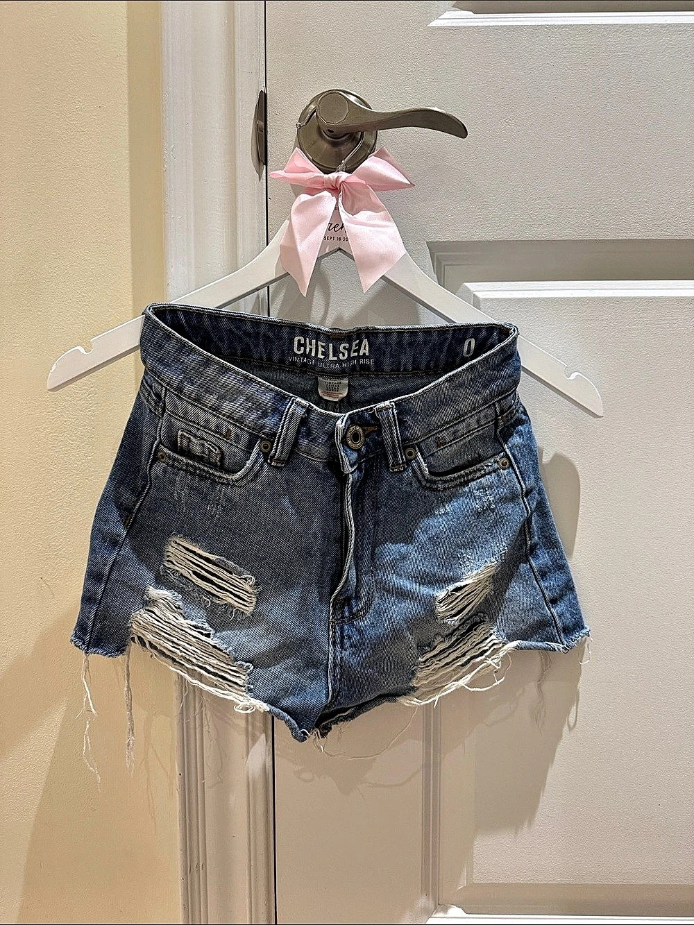 Chelsea Distressed Denim Jean Shorts in Blue